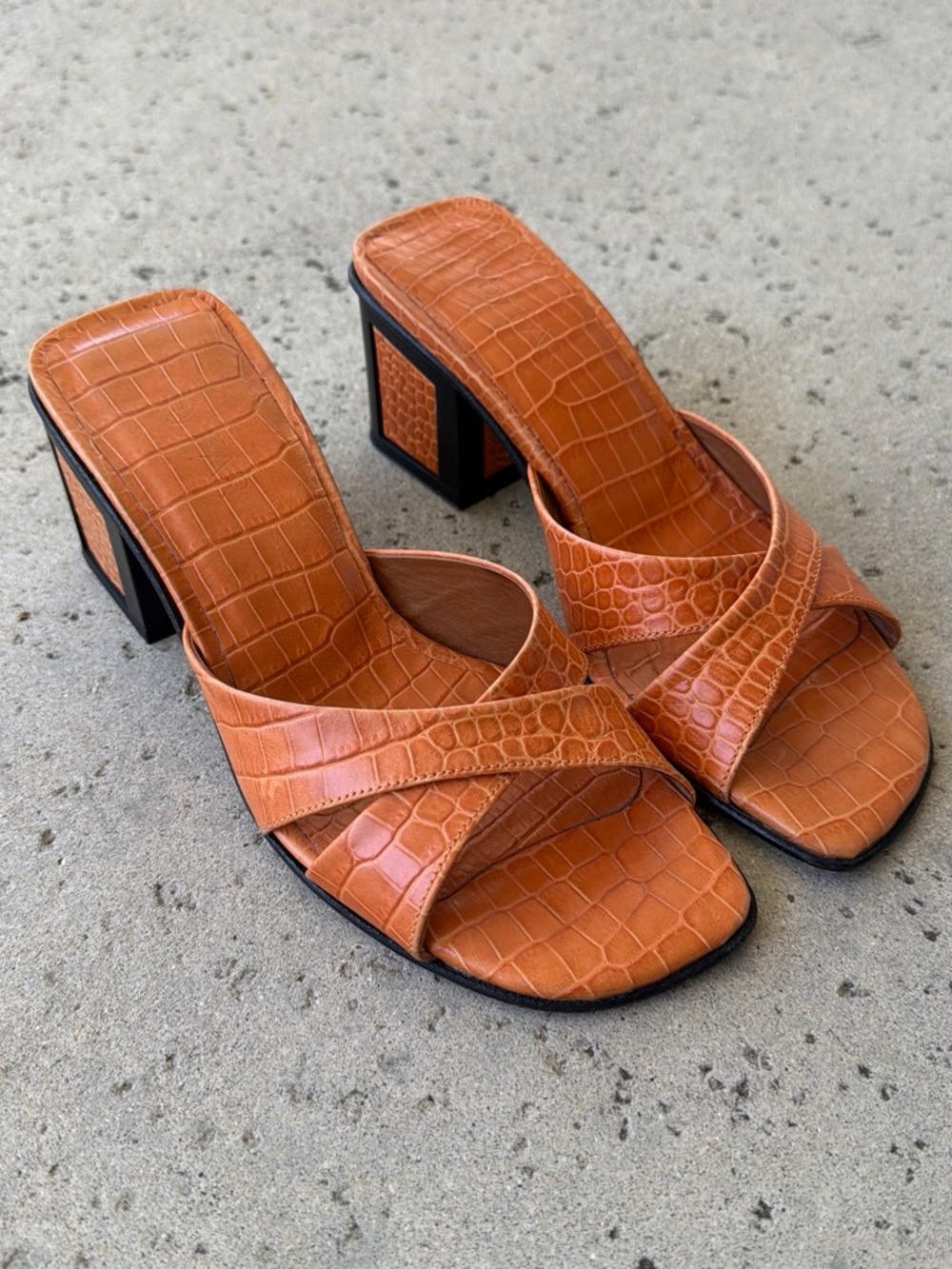 By far Women's Orange Block Heel Slide Sandals